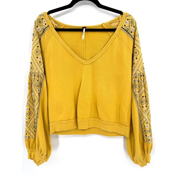 FREE PEOPLE Yellow Senorita Embroidered Boho Pullover Crop Sweater Top Size M - Picture 2 of 6